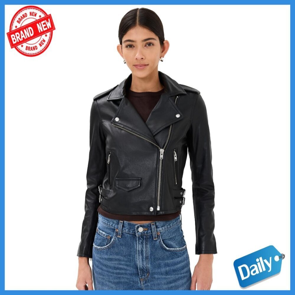 Classic Moto Leather Jacket Slim Cropped Silhouette Long Sleeve